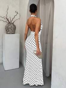 SHEIN SXY 黑白波点优雅挂脖鱼尾下摆连衣裙 - 白色 - 查看 2