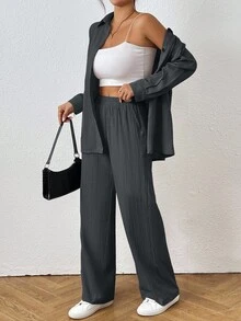 SHEIN PETITE 2pcs Women Solid Color Long Sleeve Single-Breasted Shirt And Pants Casual Suit, Autumn - Grey - View 4