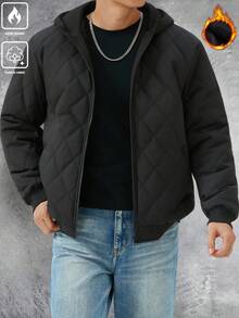 Manfinity Homme 男士黑色冬季基礎休閒外套，純色長袖保暖內裡連帽拉鍊外套，約會街頭風外衣 - 黑色 - 查看 3