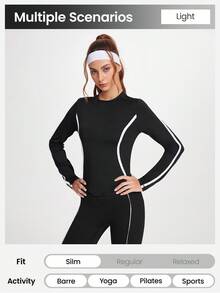 SHEIN Sports Women's Yoga Fitness Gym Long Sleeve Top,Slim Fit Tight-Fitting Workout T-Shirt With Reflective Strips,Athleisure Autumn Black And White Running Wear - Black - View 3