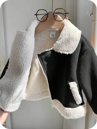 SHEIN Unisex Baby Khaki Patchwork Fluffy Thickened Suit Collar Jacket, Suitable For Baby Boys And Baby Girls, Autumn/Winter Winter Clothes