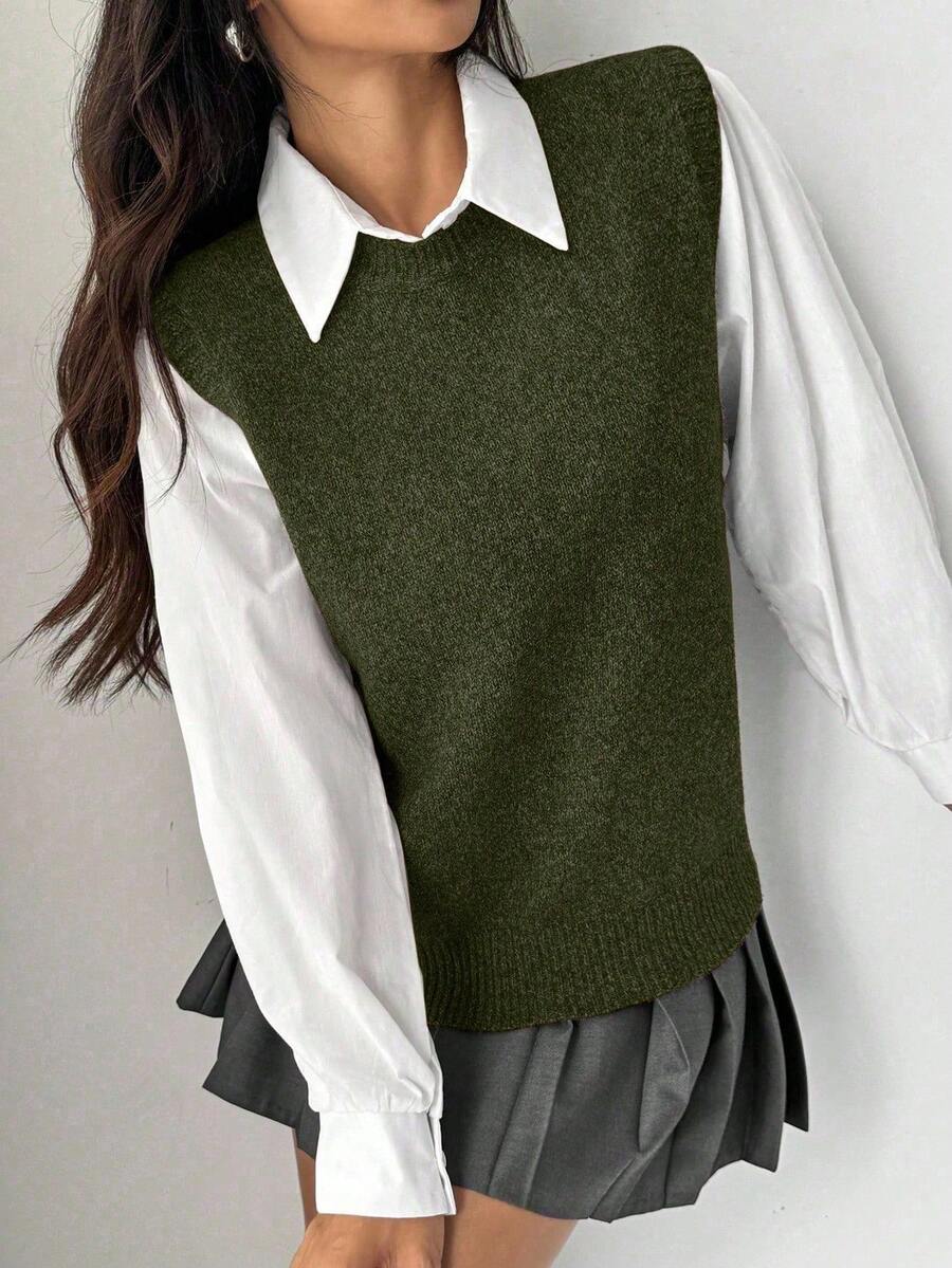 SHEIN Raffinéa Chaleco de punto de unicolor versátil y casual para mujer - Verde militar - Ver 1