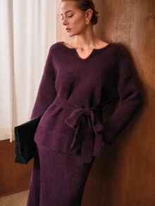 MOTF PREMIUM SOLID NOTCH NECK FLUFFY KNIT BELTED SWEATER & SPLIT BACK KNIT SKIRT SET - Violet Purple - View 6