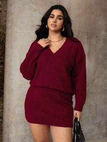 Roveilla 大码女式针织秋冬新款时尚红色毛衣和迷你裙套装，优雅休闲百搭 - 酒紅色 - 查看 3