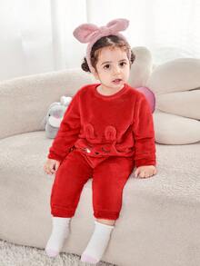 Completo da bambina con top a maniche lunghe con motivo carino e morbido e pantaloni a vita elastica, outfit rosso autunnale/invernale, abbigliamento invernale per bambine, set da 2 pezzi, abbigliamento invernale in pile - Rosso - Visualizzare 6