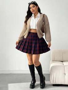 SHEIN EZwear Plus Size Retro Plaid Pleated A-Line Skirt - Red - View 6