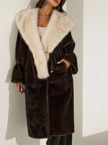 Chiquease Women's Fashionable Slimming Long Warm Coat, Faux Fur, Autumn/Winter - Black - View 1