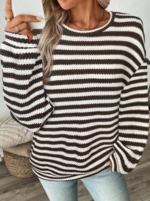 SHEIN LUNE Women's Loose Fit Drop Shoulder Textured Brown Casual Sweatshirt, Autumn/Winter Brown Sweater Striped Long Sleeve - Brown - View 6