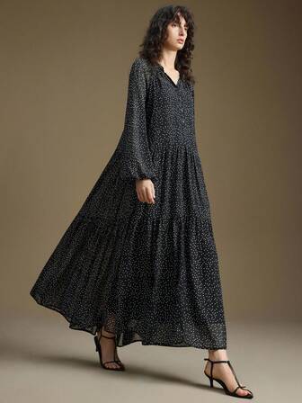 Ontre 女式黑白波尔卡圆点轻质雪纺二合一设计防闪烁半透明外层荷叶边下摆装饰蓬松长裙，适合都市休闲、商务、办公室、低调优雅、高品质机场时尚、多功能、四季、派对、圣诞节