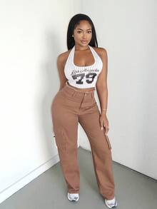 Alexandranx 女式条纹字母图案街头风工字背心 - 黑與白 - 查看 1