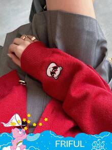FRIFUL SHEIN X Care Bears 女式圆领字母刺绣纽扣开衫 - 紅色 - 查看 5
