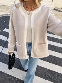 SHEIN Frenchy Women's Autumn/Winter Khaki Apricot Casual Color-Blocked Patchwork Crewneck Warm Thick Cardigan Autumn/Winter Style, Everyday Wear Can Be Worn As Outerwear Or Layered Underneath   Winter Clothes For Women  Women's Winter Coat  Women's Winter Coat  Christmas Sweater  New Year Women's Clothes  Thanksgiving Outfit For Women   Brown Sweater