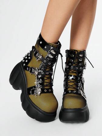Grunge Punk Women's Yellow Round Toe Platform Goth Punk Dark Rivet Skull Buckle Belt Strap Fashion Ankle Boots