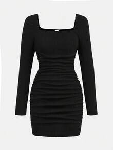 SHEIN 少女束腰褶皱方领长袖休闲连衣裙，适合派对和返校穿着 - 黑色 - 查看 2