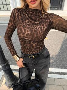 Pariaura French Style Long Sleeve Pleated Waist Leopard Print T-Shirt, Autumn/Winter - Brown - View 6