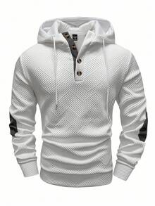 Manfinity Homme Men's Autumn Contrast Color Long Sleeve Button Design Drawstring Casual Hoodie Men Sweater Hoodie - Dark Grey - View 4