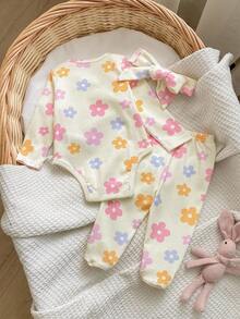 女婴波尔卡圆点图案蝴蝶结发带针织舒适柔软睡衣三件套，含长袖上衣和裤子，女婴睡衣套装