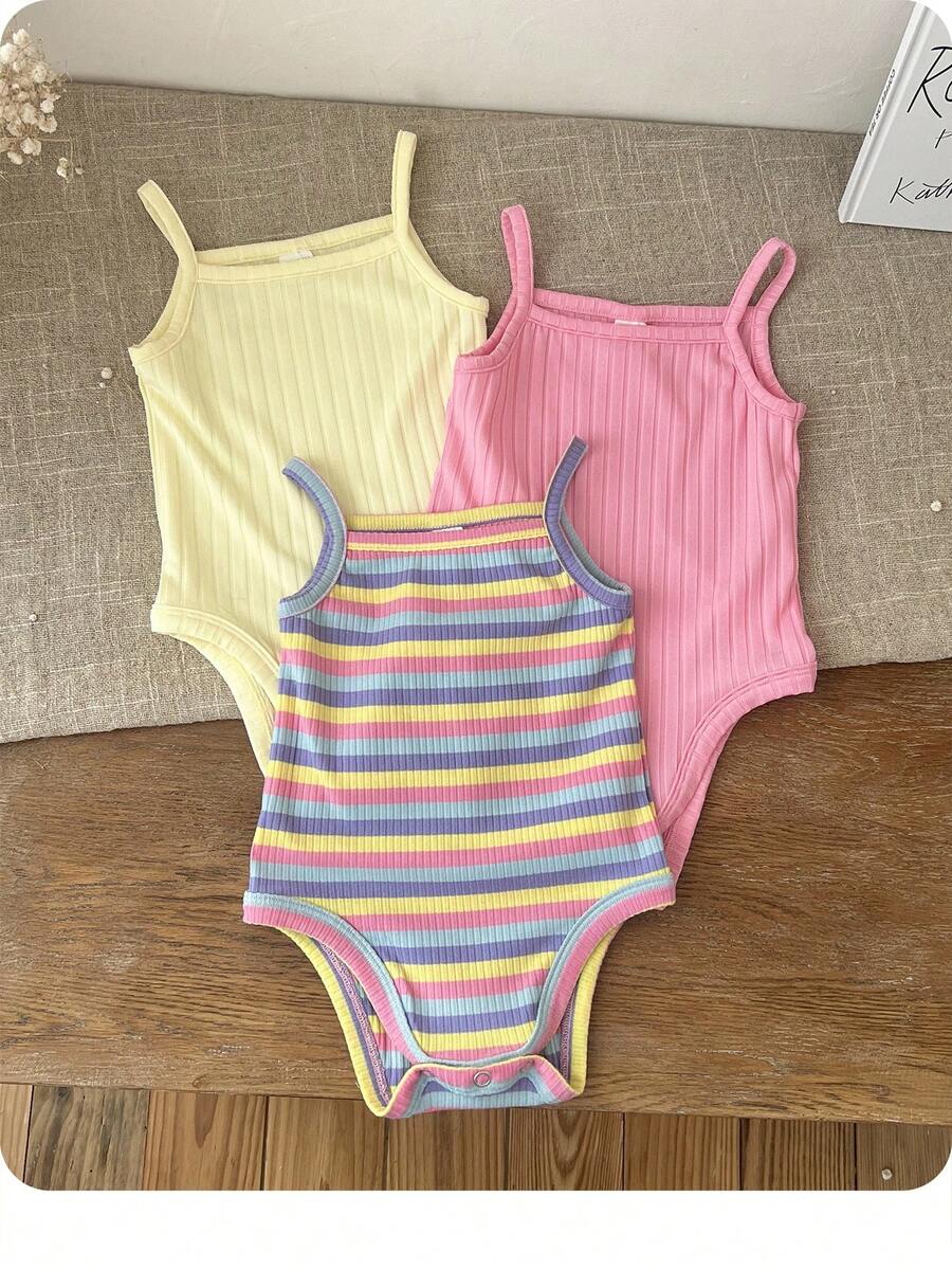 Bộ 3 món/Bộ đồ liền thân dệt kim kẻ sọc nhiều màu dễ thương cho bé gái sơ sinh, mùa hè - Nhiều màu - Xem 1