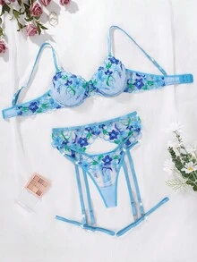 SHEIN 5pcs Fashionable Sexy Embroidered Blue Women's Lingerie Set - Blue - View 1