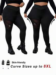 SHEIN CURVE+ Plus Size Fashionable Black Mesh Patchwork Leggings - Black - View 1