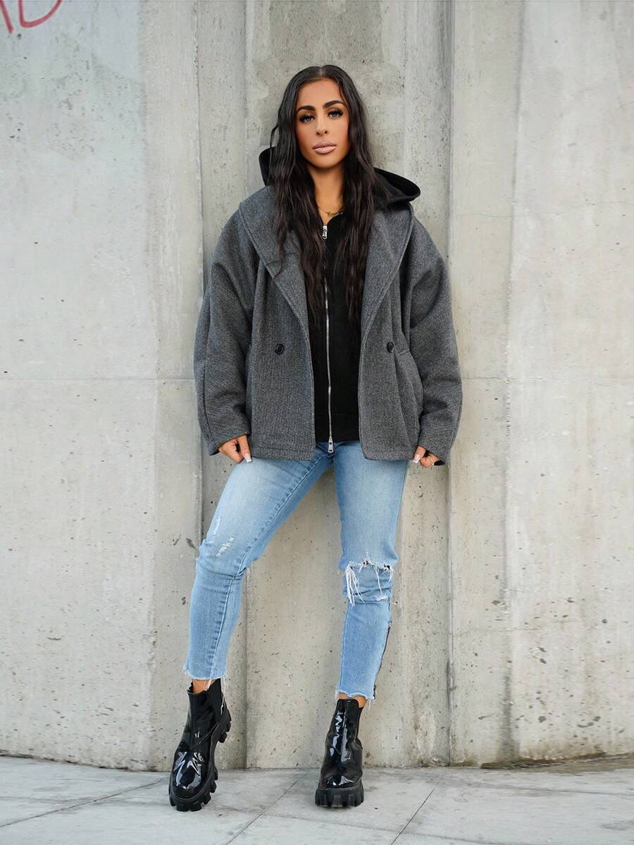 SAYEHFBABY New Arrival Gray Elegant Lapel Coat, Warm For Fall & Winter,Casual,Long Sleeve - Grey - View 1