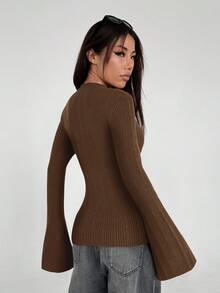 SHEIN Unity 女式纯色立领喇叭袖罗纹修身毛衣 - 巧克力棕 - 查看 2
