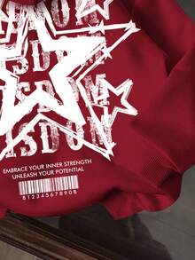 Slaydiva Casual Star Letter Barcode Pattern Burgundy Sweatshirt Thermal Lined Long Sleeve Loose Fit Sweatshirt For Women, Fall/Winter - Burgundy - View 6