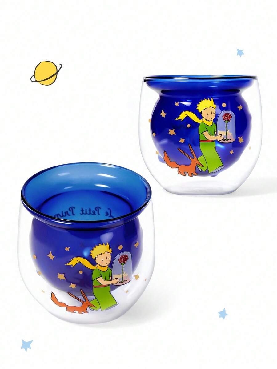 LE PETIT PRINCE X SHEIN 1 chiếc cốc thủy tinh borosilicate cao 11,6oz/330ml, hình mặt trăng và ngôi sao, hình hoàng tử nhỏ dễ thương và thân hình hành tinh, hình lập thể 3D, chịu nhiệt, thích hợp đựng sữa, nước trái cây, cà phê, v.v. - Màu xanh lam - Xem 1