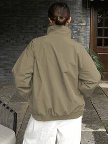 DAZY 女式宽松长袖高领拉链图案夹克 - 軍綠色 - 查看 2