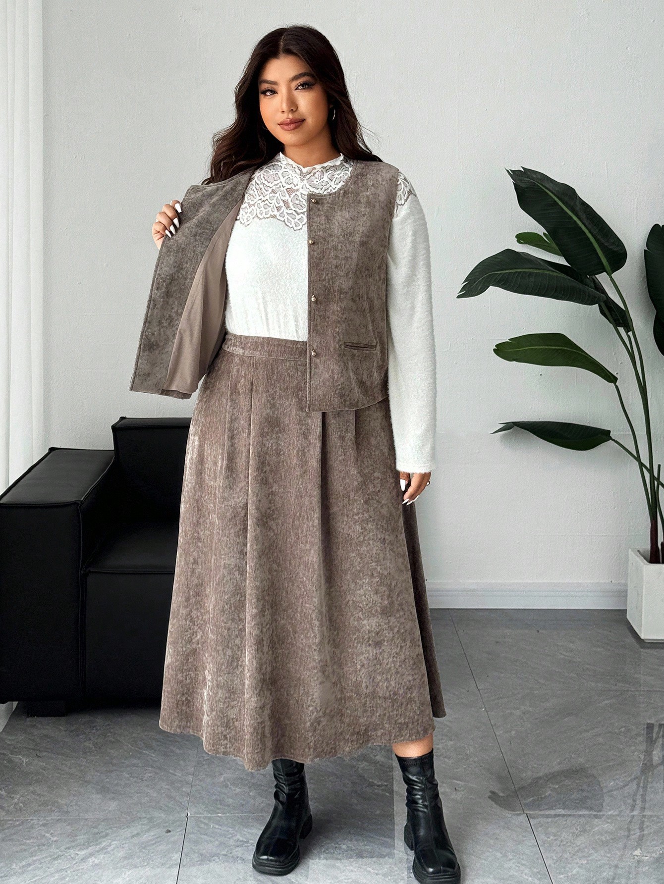 Dazy Plus مجموعة سترة وتنورة من القطيفة المبطنة 2...