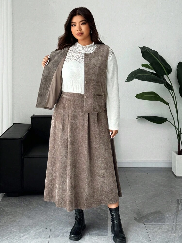 Dazy Plus 2pcs Velvet Thickened Casual Vest & Skirt Set, Versatile Plus Size Autumn Outfit