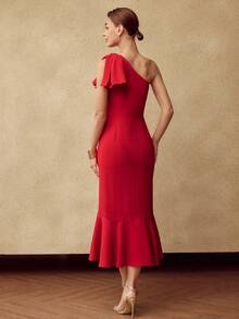 MOTF PREMIUM BOW DETAIL SPLIT THIGH MERMAID HEM DRESS, FOR FALL/WINTER, CHRISTMAS DRESS, RED DRESS, NEW YEAR DRESS - Red - View 3
