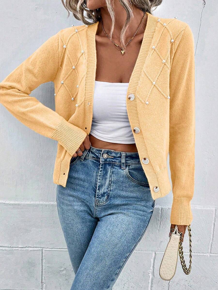 EMERY ROSE Women's Casual Long Sleeve Cardigan With Faux Pearl Decor, Autumn - Yellow - View 1