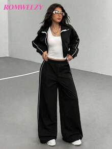 3 PiecesCasual Set For Teen Girl With Zip-Up Jacket In Minimalist Style With Contrast Trim, Soft & Comfortable White Tank Top, Matching Contrast Trim Pants, Suitable For Daily Wear And Activities