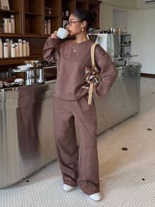 Muchica 女式复古做旧字母刺绣保暖内衬宽松运动衫和运动裤套装，秋冬