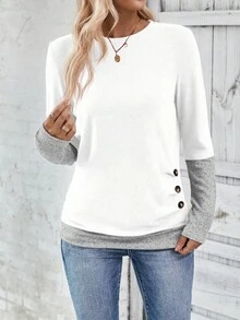 EMERY ROSE Camiseta casual de mujer con parches de color contrastante 2 en 1, camisetas gráficas de otoño para mujeres - Blanco - Ver 5