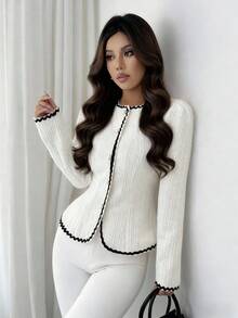 Elenzga 女式开领插肩长袖针织开衫，纽扣闭合，腰部收紧，袖口和领口饰有优雅蕾丝，常规剪裁夹克 - 米色 - 查看 1