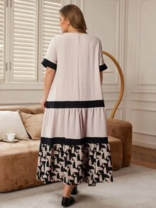 Rosumi Plus Size Women's Ripe Elegant Round Neck Color Block Border Casual Daily Wear Long Mother's Day Dress - Multicolor - View 5