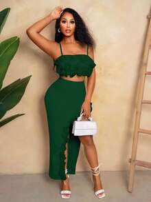 Mistrie 夏季鱼丝线3D花朵装饰白色纯色吊带背心上衣和开叉长裙两件套，适合聚会和约会活动 - 綠色 - 查看 8