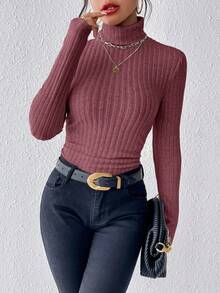 SHEIN Frenchy Áo thun cổ lọ dệt kim gân vải họa tiết nhún bèo - Màu đỏ tím - Xem 4