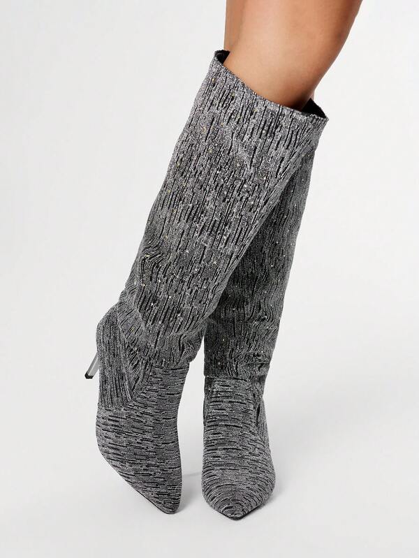 ROMWE Botas altas con puntera afilada, tacón fino, para mujer, botas de montar sexy de otoño, color negro