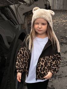 SHEIN Young Girl Leopard Panel Zip Up Hooded Jacket