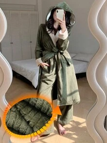DAZY Damen gestreifte strukturierte Fleece einfarbige Kapuzenrobe und Hose Schlafanzug Set, Winter Pyjama, flauschig, gemütlich