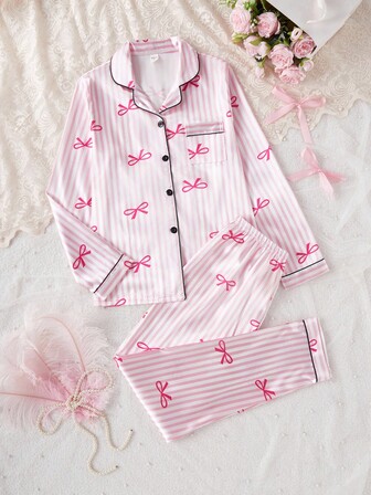 2 st. Elegant, rutig kofta och byxor i satin för tonårsflickor, avslappnad och bekväm pyjamas, pyjamasset för tonårsflickor med rosett