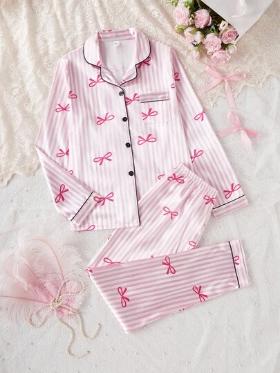 2pcs Teen Girl Elegant Plaid Satin Fabric Cardigan & Pants Casual Comfortable Pajama Set Tween Girls Pajama Set Bow