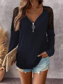 EMERY ROSE Women's Autumn Splice Mesh Shoulder Zip V-Neck Raglan Long Sleeve Casual Knit T-Shirt