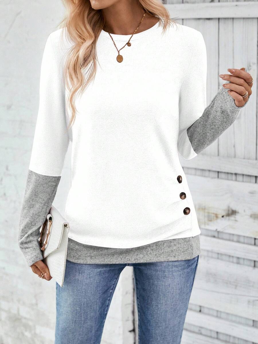 EMERY ROSE Camiseta casual de mujer con parches de color contrastante 2 en 1, camisetas gráficas de otoño para mujeres - Blanco - Ver 1