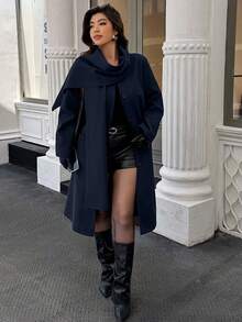 Easura Plus Size Women's Solid Color Long Sleeve Casual Jacket, Autumn/Winter - Navy Blue - View 6