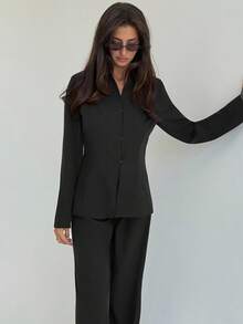 Aloruh Bộ đồ công sở thời trang nữ, áo khoác và quần thu đông dành cho nữ - màu đen - Xem 7