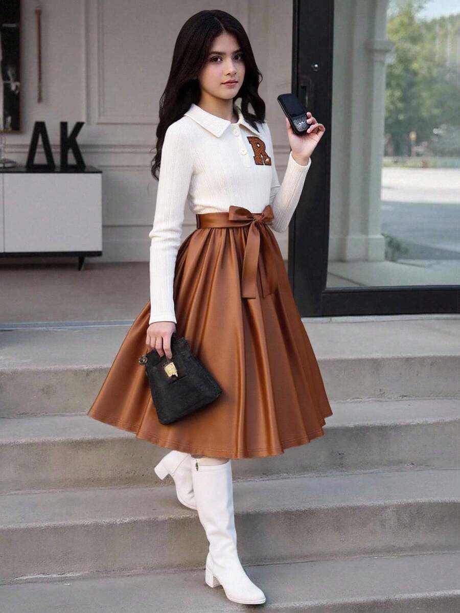 SHEIN Girls' Apricot Textured Collar Undershirt Paired With Vintage Brown Coated Patchwork Dress, Suitable For School, Daily Wear, Gatherings, Parties, Gentle & Elegant Style, Autumn/Winter